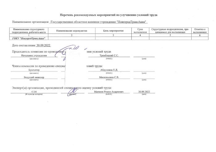 Отчет о проведении специальной оценки условий труда в Государственном областном казенном учреждении "НовгородТрансАвиа"